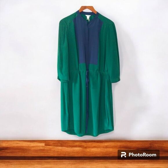 Fossil Rebecca Silk Shirt Dress M Green Colorblock Cinched Tie Waist Work - Picture 1 of 8